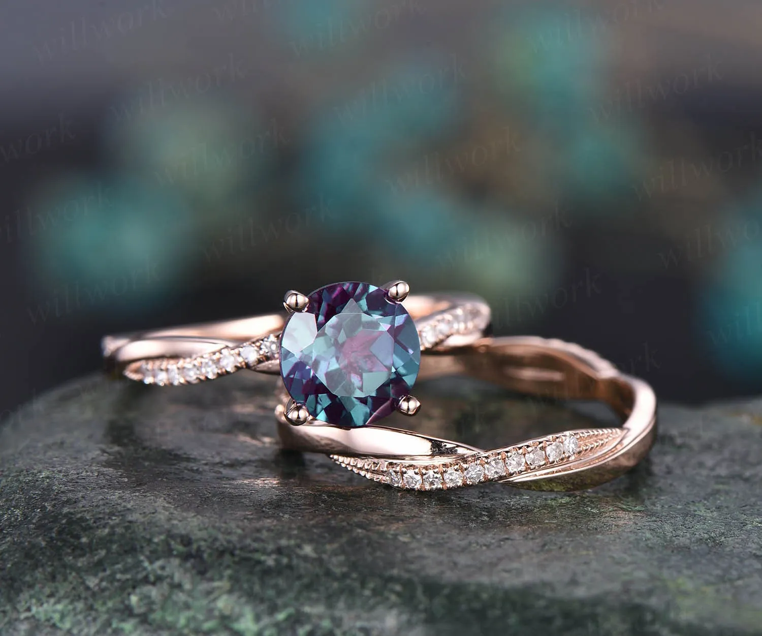 Vintage unique engagement ring 2pcs Alexandrite engagement ring set 14k rose gold full eternity diamond ring promise bridal wedding ring set sold by Willwork Jewelry product image thumbnail 3