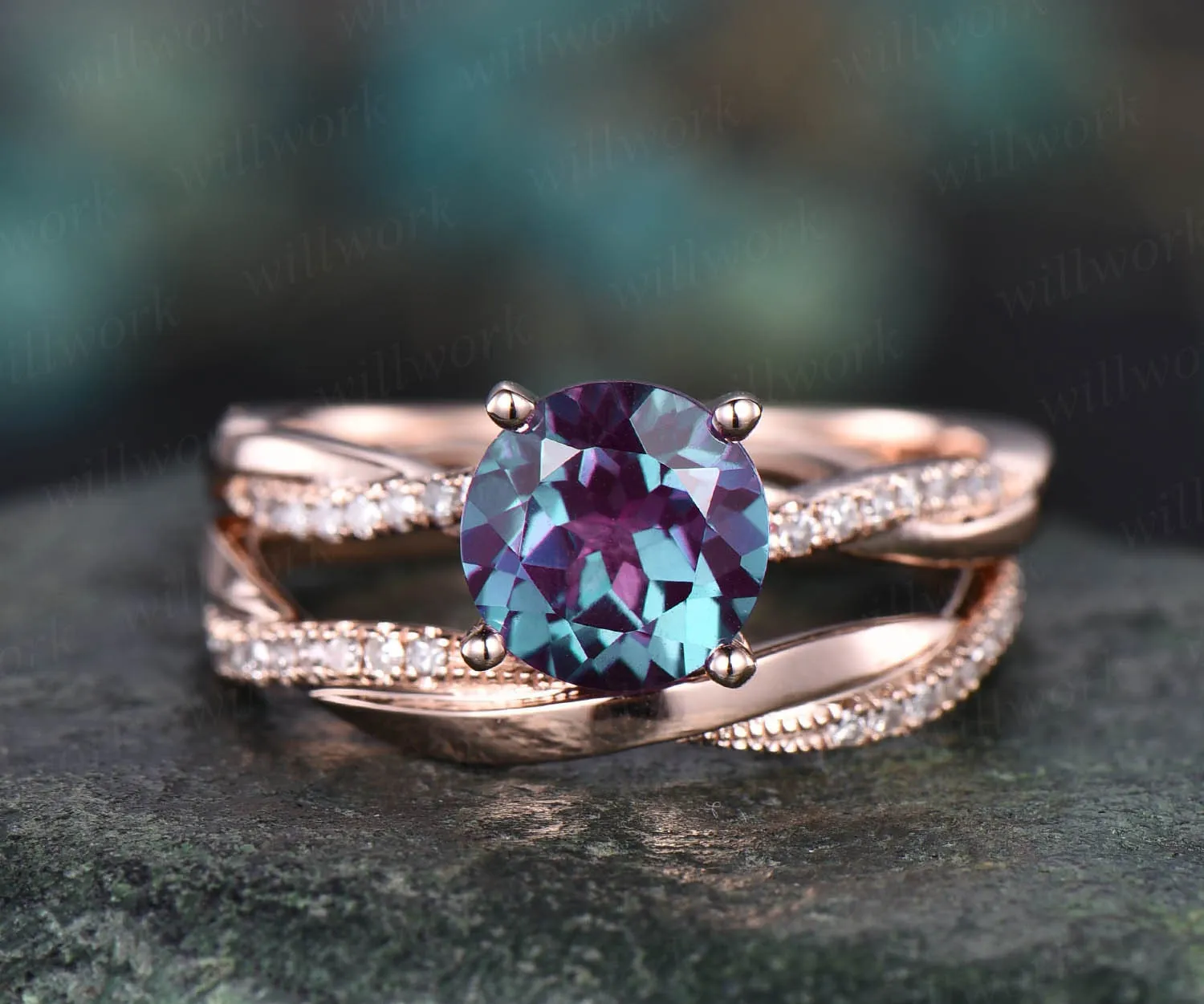 Vintage unique engagement ring 2pcs Alexandrite engagement ring set 14k rose gold full eternity diamond ring promise bridal wedding ring set sold by Willwork Jewelry