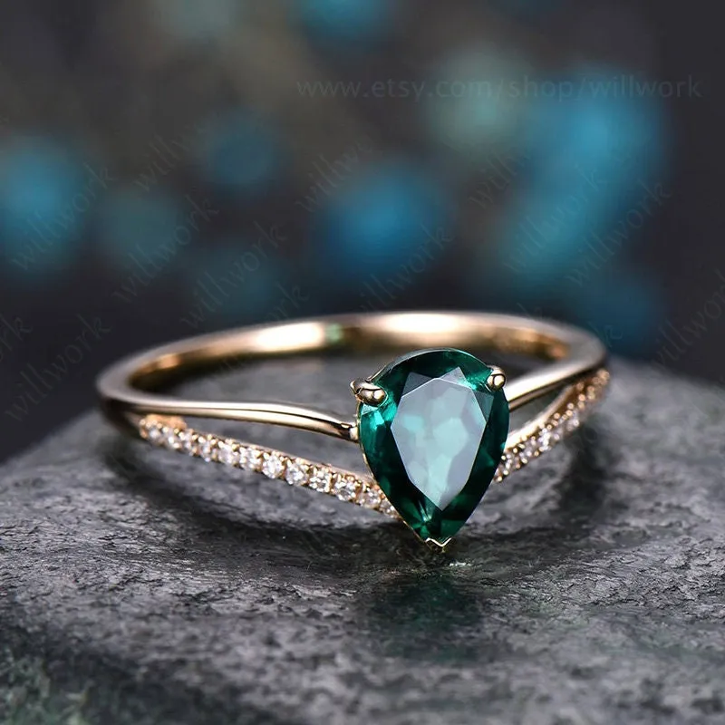 Pear cut emerald engagement ring 14k yellow gold diamond ring split shank stacking band gift unique antique wedding promise anniversary ring sold by Willwork Jewelry