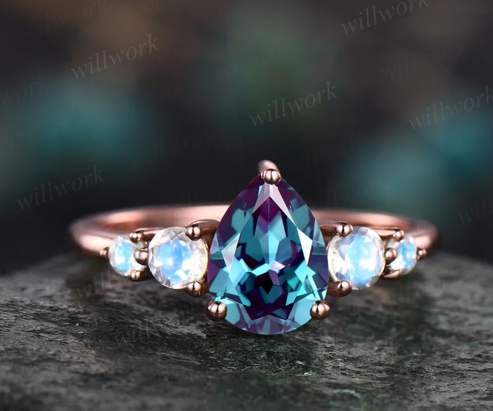 Alexandrite ring minimalist vintage unique pear shaped Alexandrite engagement ring five stone moonstone ring rose gold silver for women gift sold by Willwork Jewelry