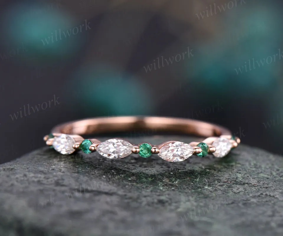 Marquise moissanite ring natural emerald ring for women 14k rose gold band emerald wedding band anniversary ring May birthstone jewelry sold by Willwork Jewelry