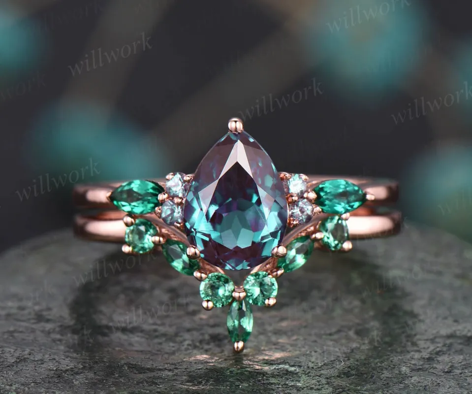 Best engagement ring 2pcs pear shaped Alexandrite engagement ring set for women marquise emerald wedding band unique bridal ring set jewelry sold by Willwork Jewelry