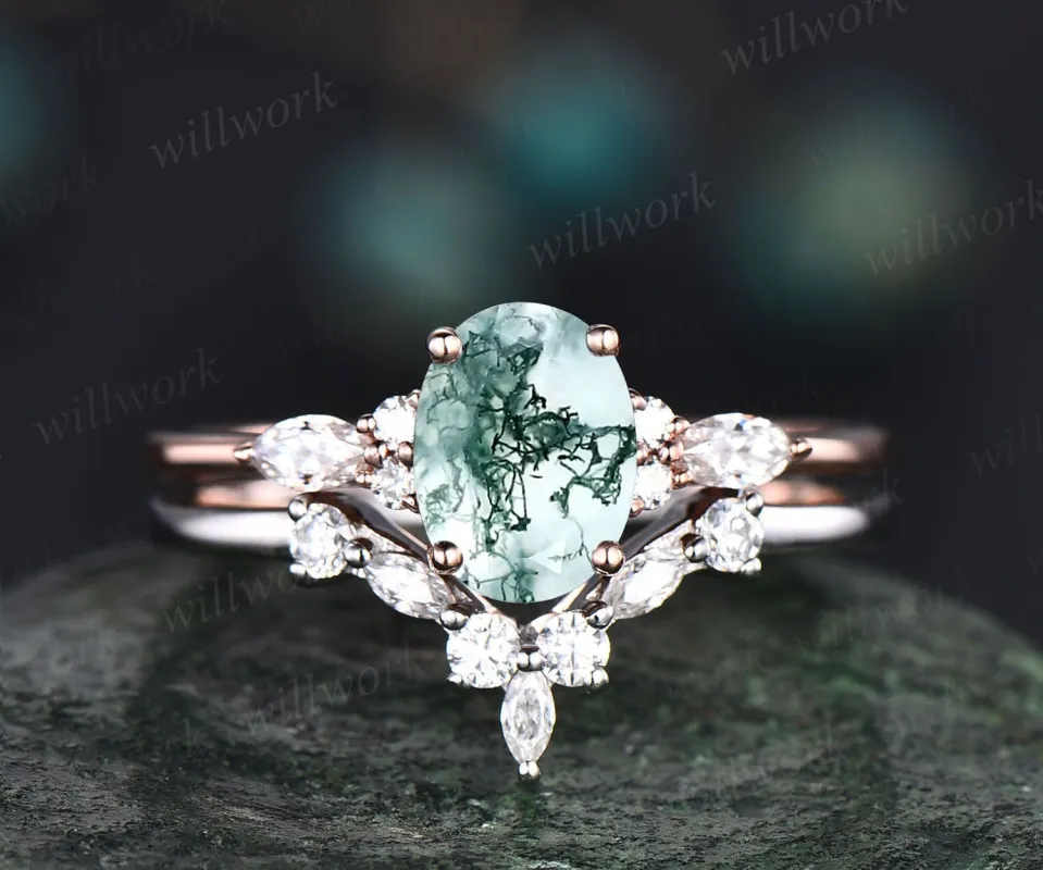 Vintage oval cut moss agate engagement ring set art deco unique rose gold engagement ring marquise cut moissanite wedding ring for women sold by Willwork Jewelry