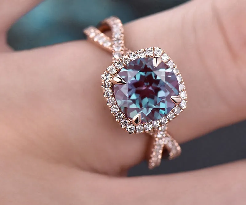 Unique infinity diamond halo ring round Alexandrite engagement ring rose gold color change Alexandrite ring gold anniversary ring for women sold by Willwork Jewelry product image thumbnail 2