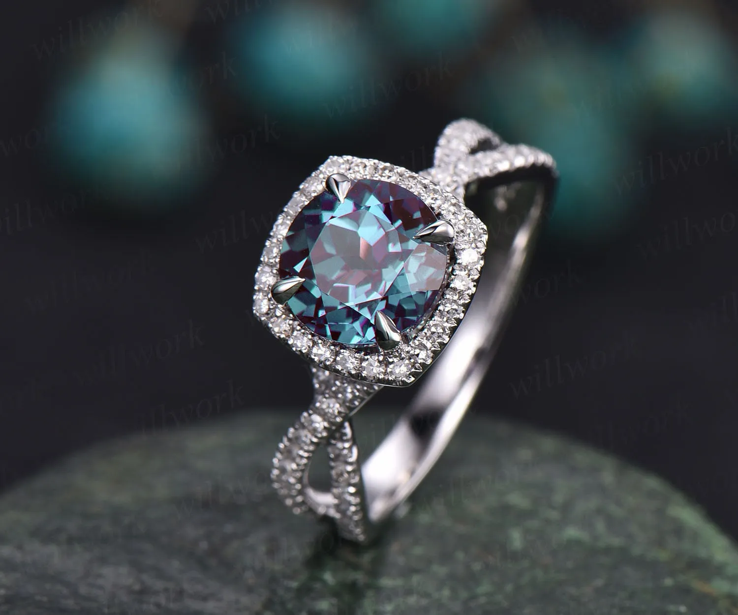 Unique infinity diamond halo ring round Alexandrite engagement ring rose gold color change Alexandrite ring gold anniversary ring for women sold by Willwork Jewelry product image thumbnail 5