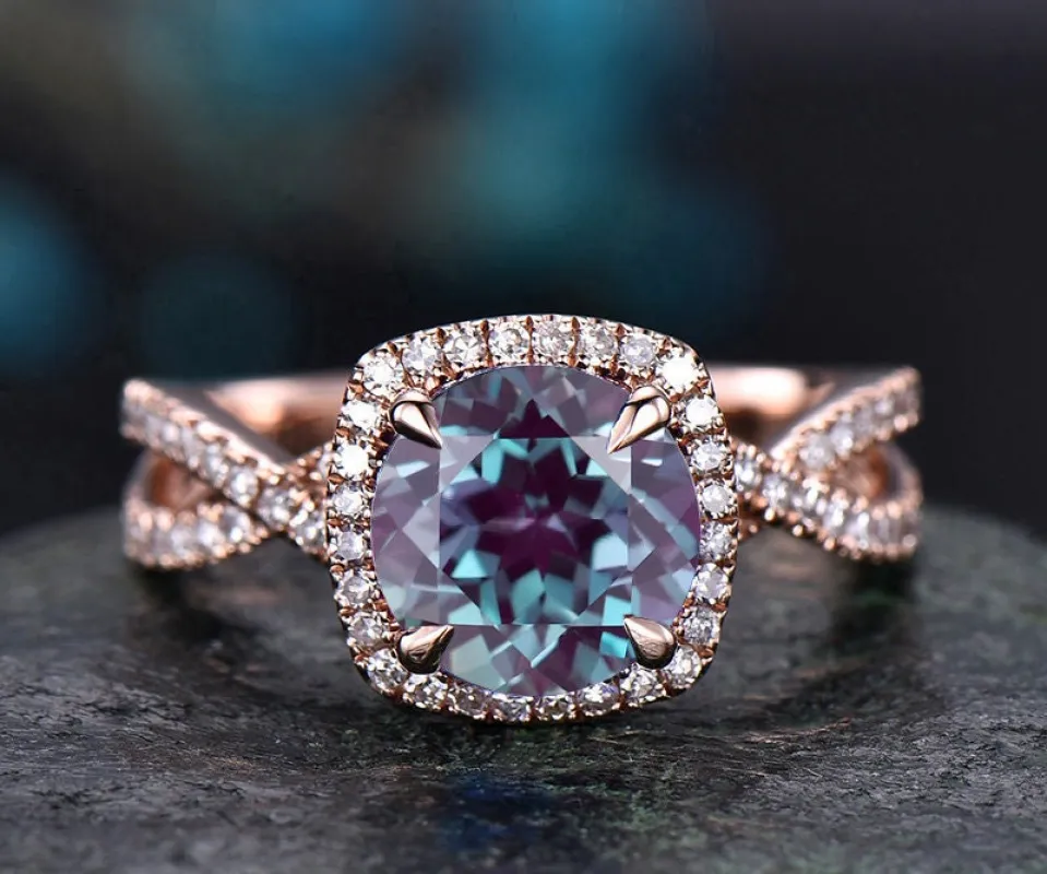 Unique infinity diamond halo ring round Alexandrite engagement ring rose gold color change Alexandrite ring gold anniversary ring for women sold by Willwork Jewelry