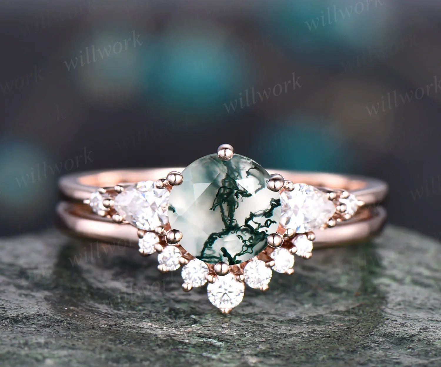 Unique moss agate wedding ring set vintage moss agate engagement ring set five stone rose gold ring set moissanite bridal ring set women sold by Willwork Jewelry product image thumbnail 5