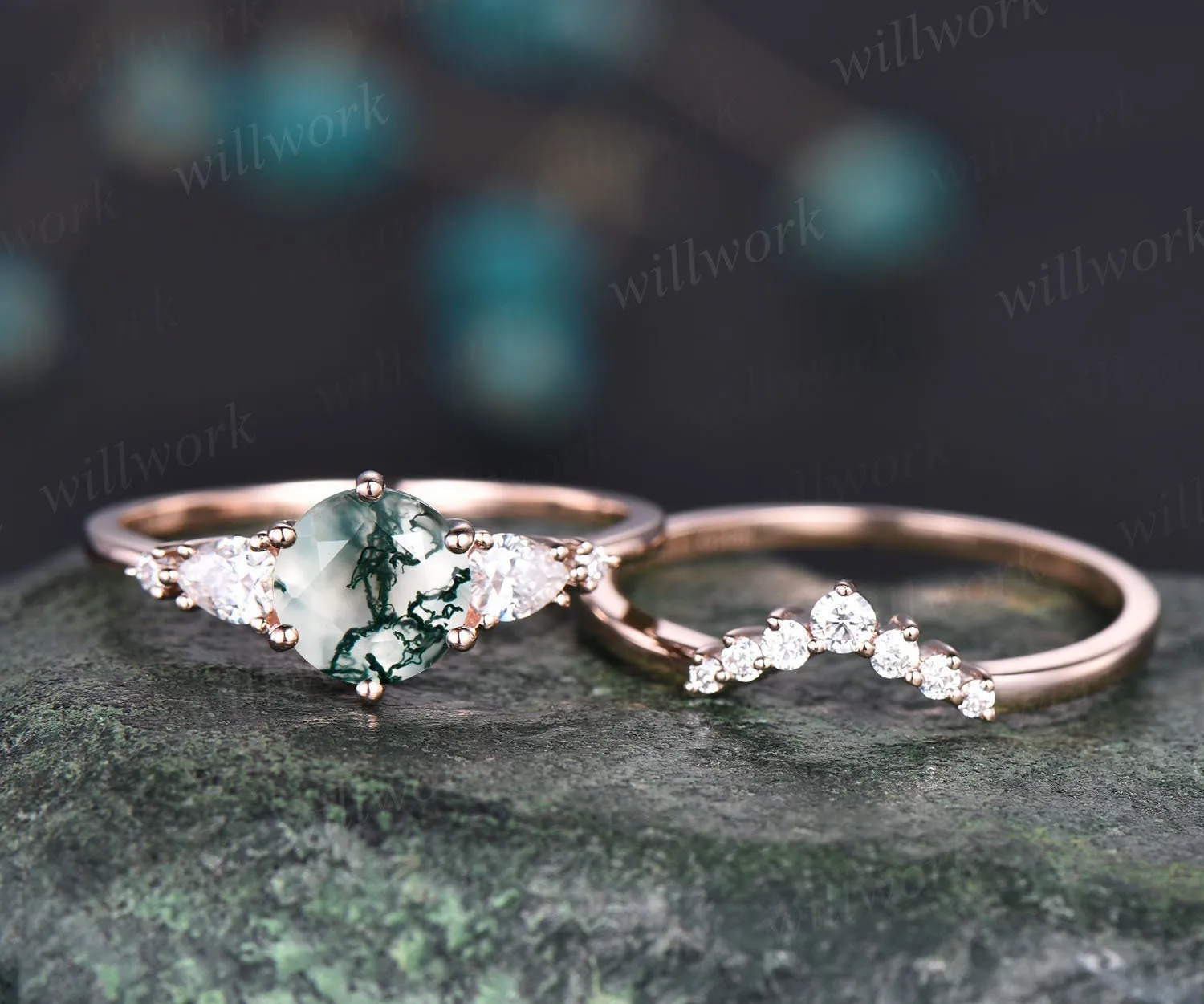 Unique moss agate wedding ring set vintage moss agate engagement ring set five stone rose gold ring set moissanite bridal ring set women sold by Willwork Jewelry product image thumbnail 3