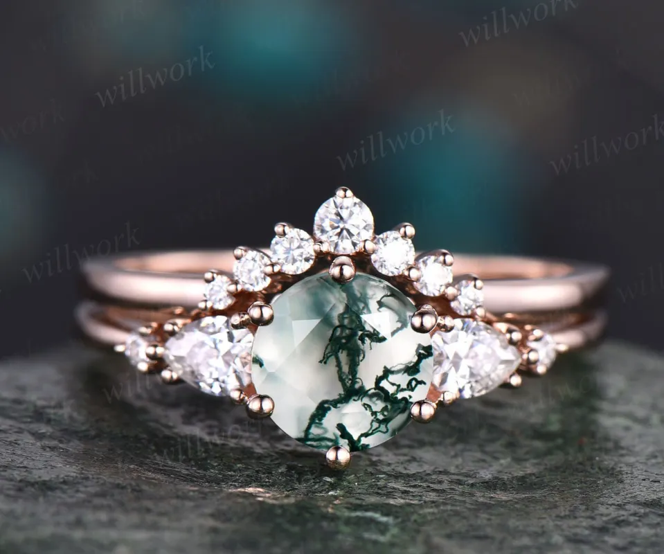 Unique moss agate wedding ring set vintage moss agate engagement ring set five stone rose gold ring set moissanite bridal ring set women sold by Willwork Jewelry