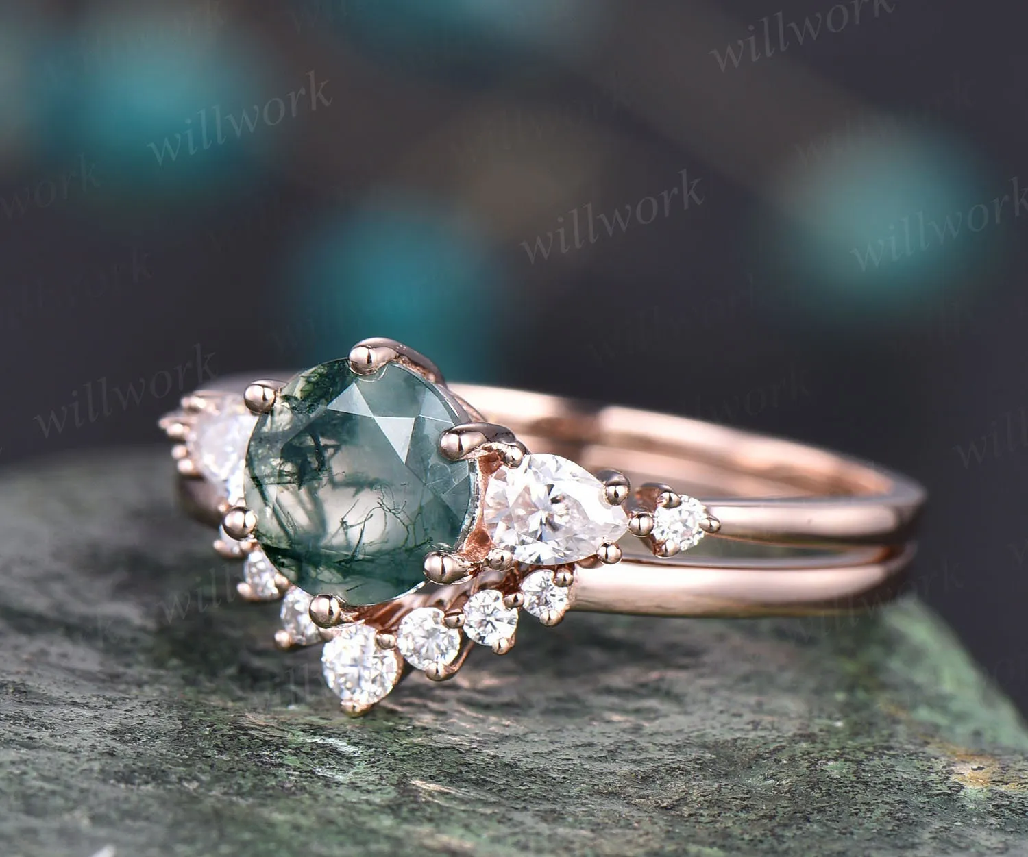 Unique moss agate wedding ring set vintage moss agate engagement ring set five stone rose gold ring set moissanite bridal ring set women sold by Willwork Jewelry product image thumbnail 4