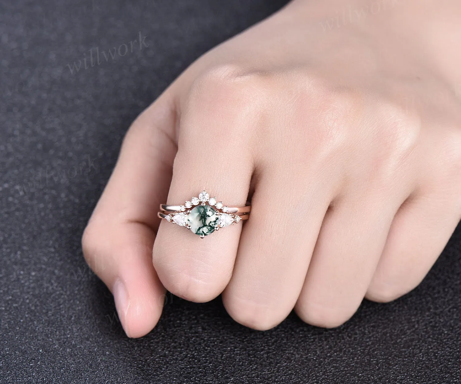 Unique moss agate wedding ring set vintage moss agate engagement ring set five stone rose gold ring set moissanite bridal ring set women sold by Willwork Jewelry product image thumbnail 2