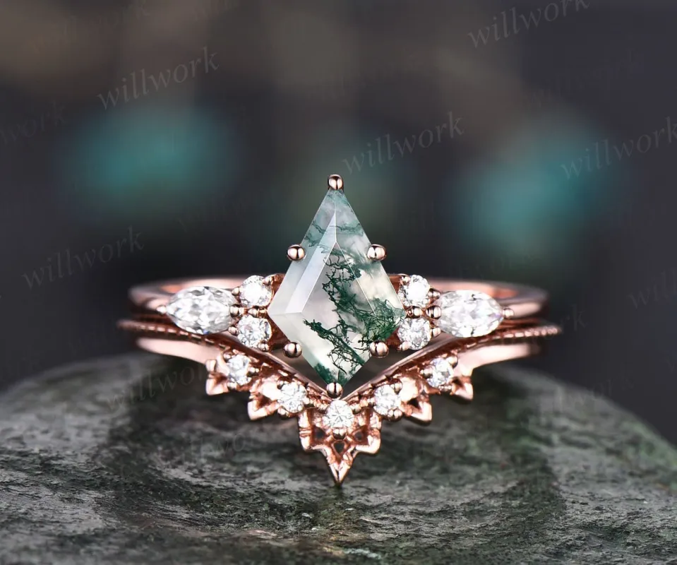 Vintage moss agate engagement ring set rose gold kite cut ring art deco moissanite ring for women unique engagement ring wedding ring set sold by Willwork Jewelry