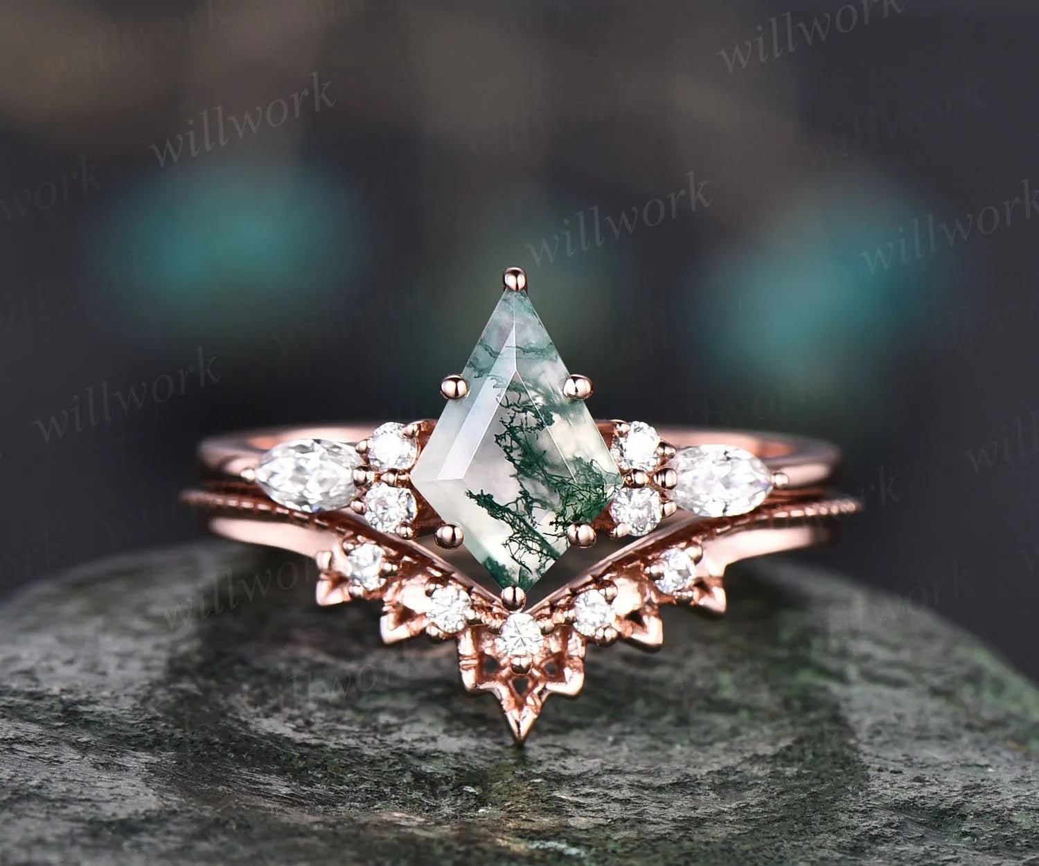 Vintage moss agate engagement ring set rose gold kite cut ring art deco moissanite ring for women unique engagement ring wedding ring set sold by Willwork Jewelry