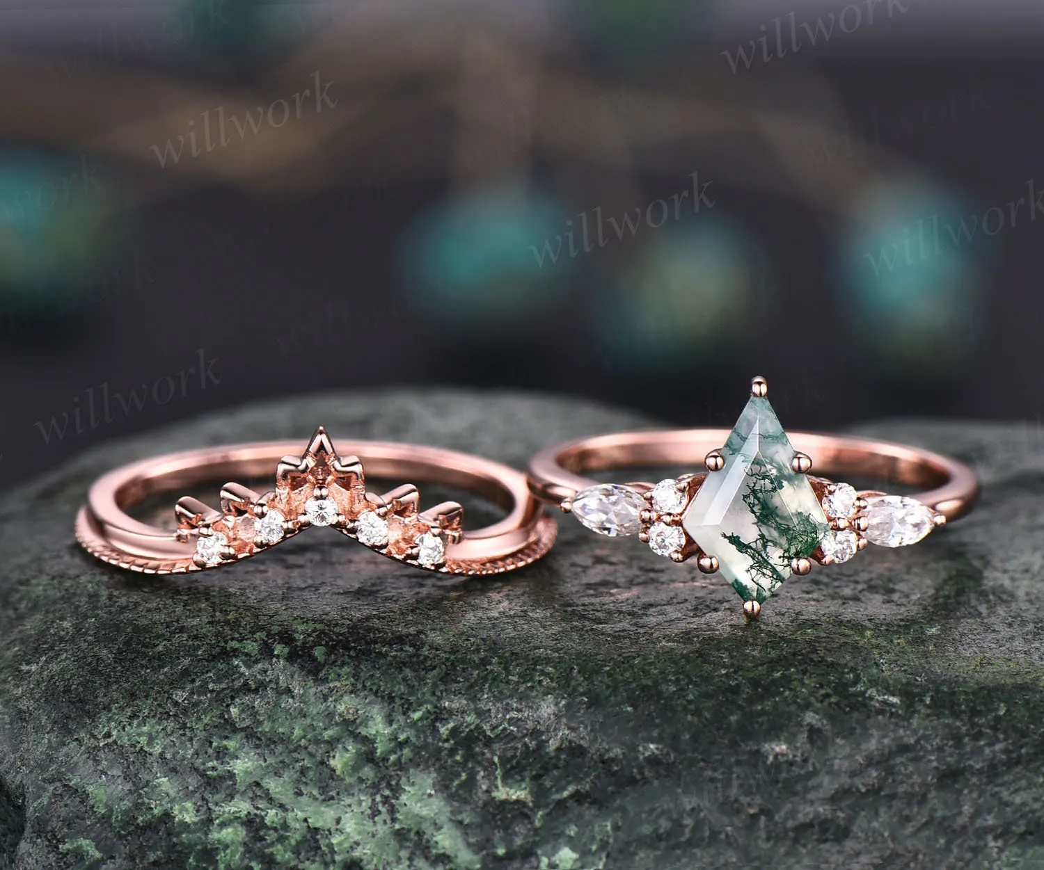 Vintage moss agate engagement ring set rose gold kite cut ring art deco moissanite ring for women unique engagement ring wedding ring set sold by Willwork Jewelry product image thumbnail 3