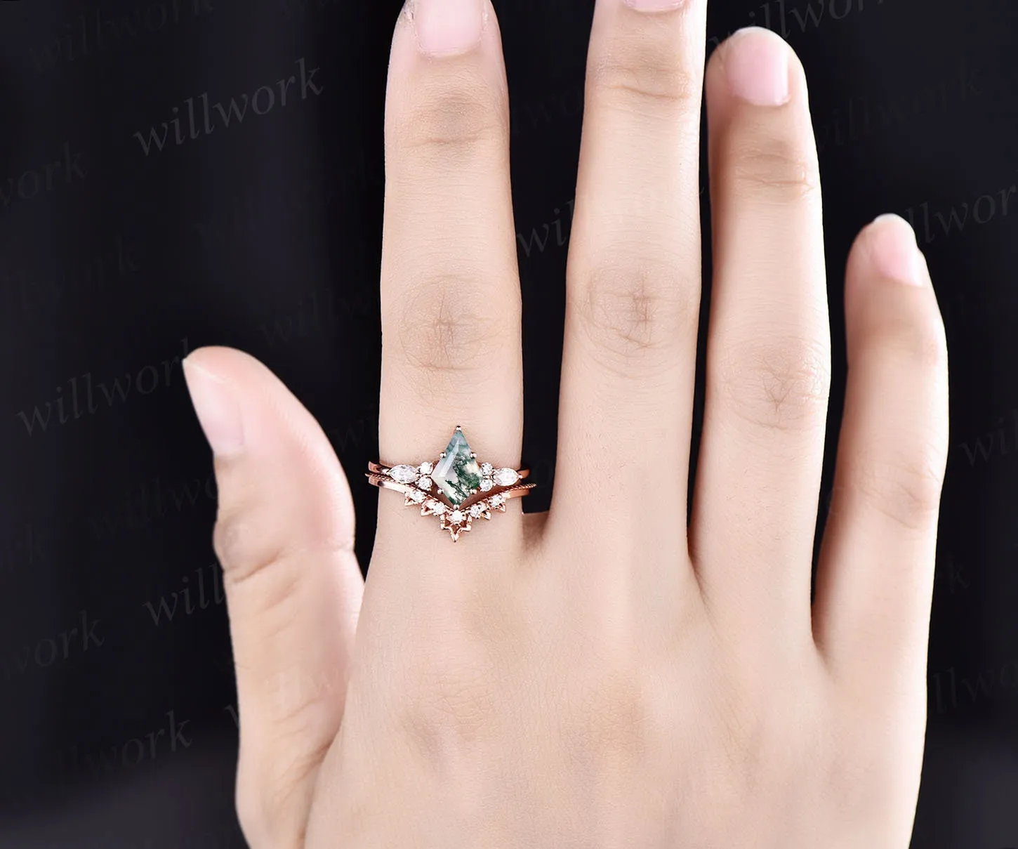 Vintage moss agate engagement ring set rose gold kite cut ring art deco moissanite ring for women unique engagement ring wedding ring set sold by Willwork Jewelry product image thumbnail 2