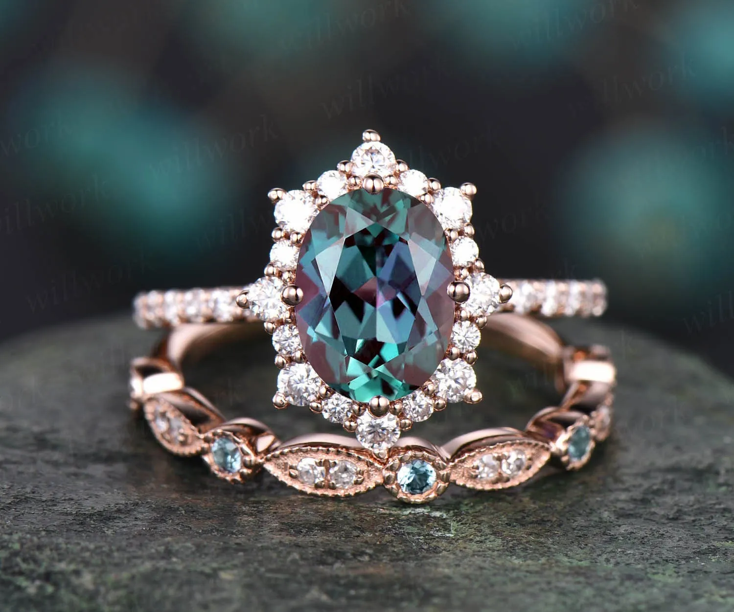 2pcs vintage unique Alexandrite engagement ring set 14k rose gold ring moissanite halo ring Alexandrite bridal set diamond wedding band sold by Willwork Jewelry product image thumbnail 2