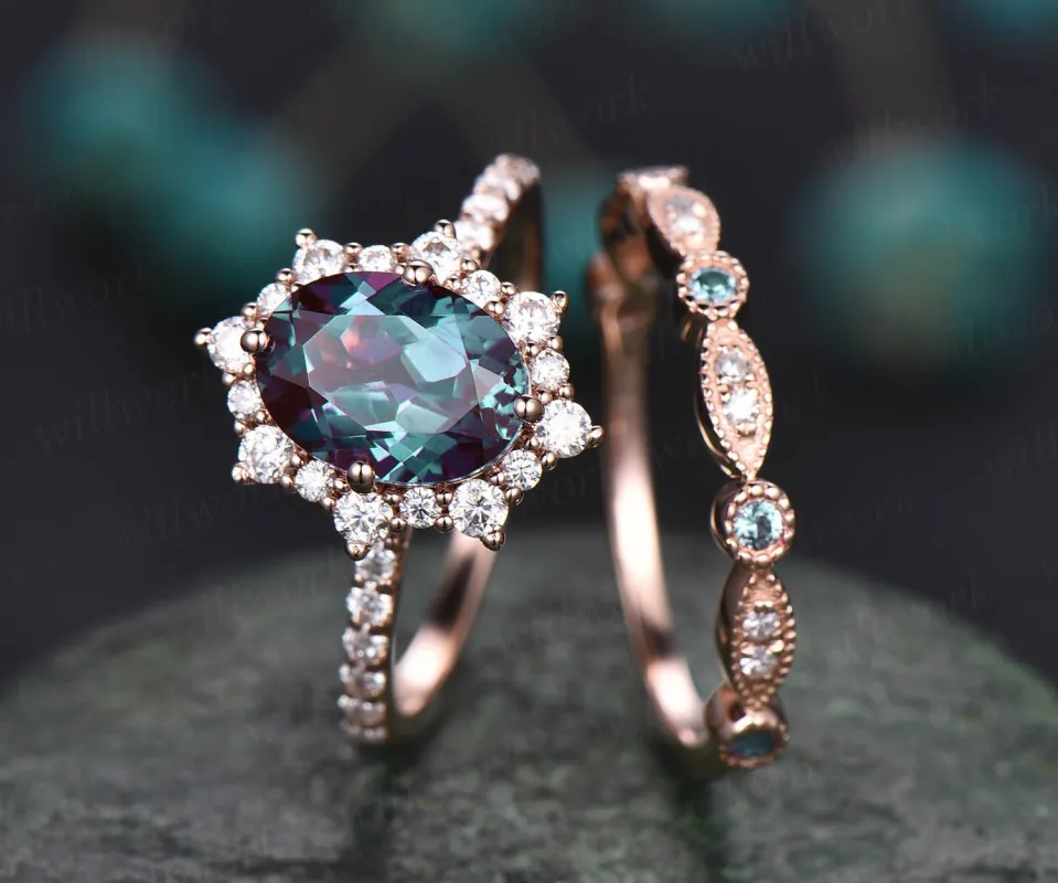 2pcs vintage unique Alexandrite engagement ring set 14k rose gold ring moissanite halo ring  Alexandrite bridal set diamond wedding band sold by Willwork Jewelry