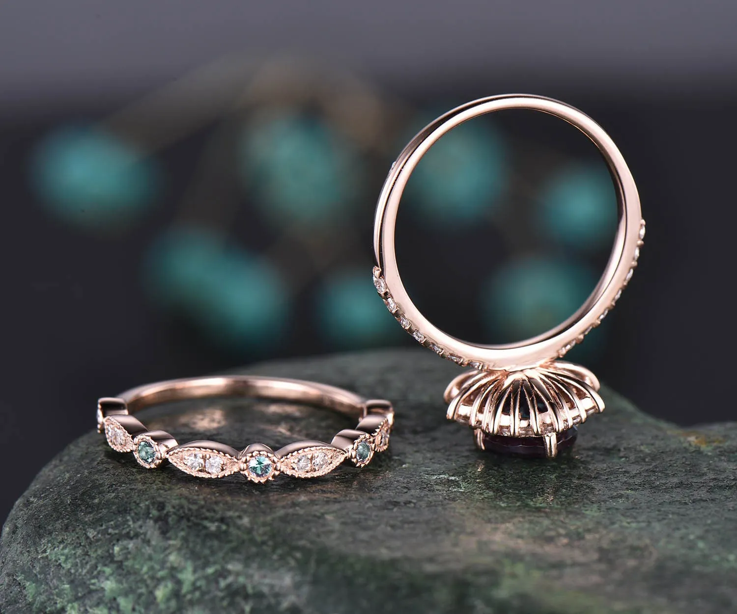 2pcs vintage unique Alexandrite engagement ring set 14k rose gold ring moissanite halo ring Alexandrite bridal set diamond wedding band sold by Willwork Jewelry product image thumbnail 5