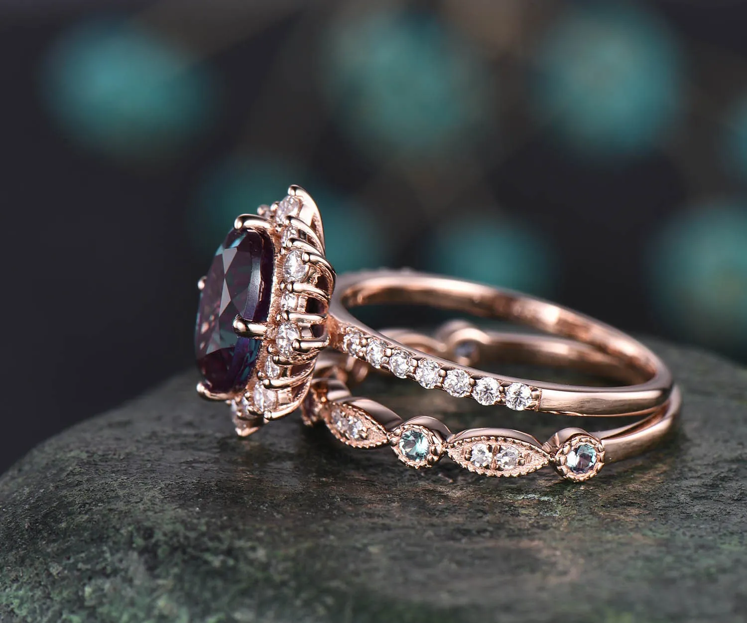 2pcs vintage unique Alexandrite engagement ring set 14k rose gold ring moissanite halo ring Alexandrite bridal set diamond wedding band sold by Willwork Jewelry product image thumbnail 3