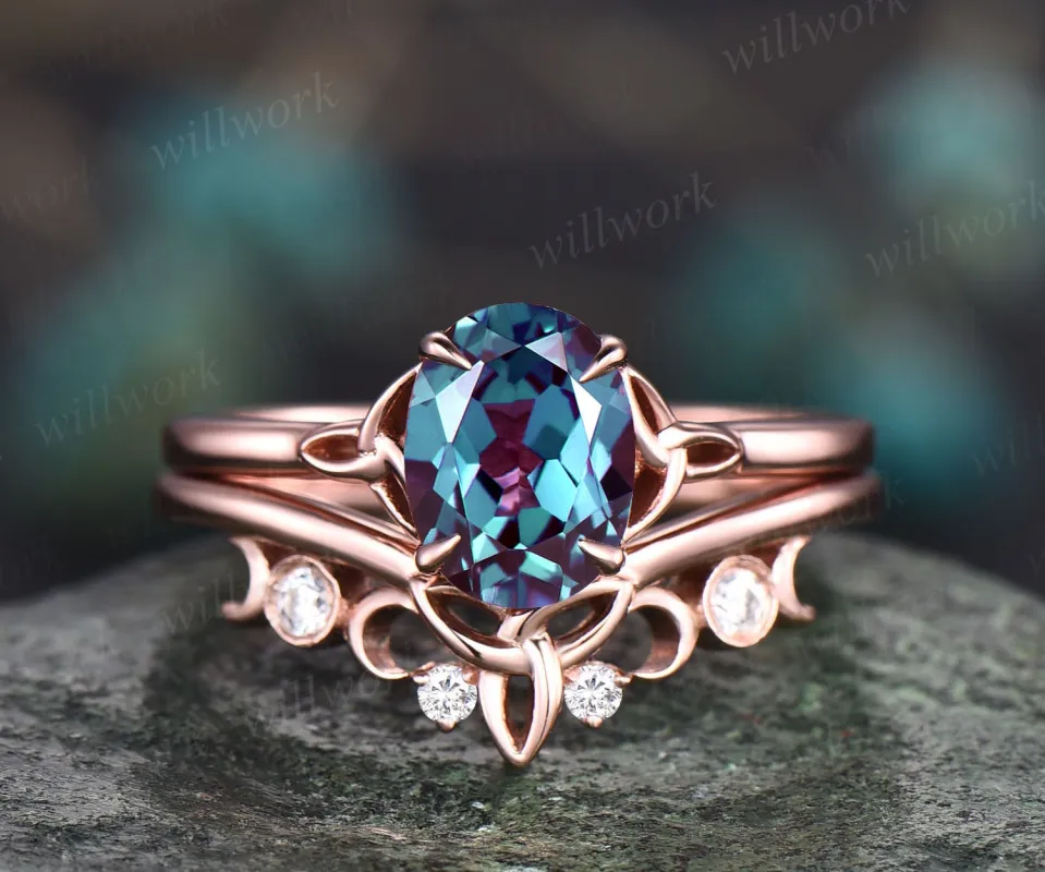 Oval shape alexandrite engagement ring set vintage solitaire oval alexandrite ring rose gold silver for women unique anniversary ring set sold by Willwork Jewelry