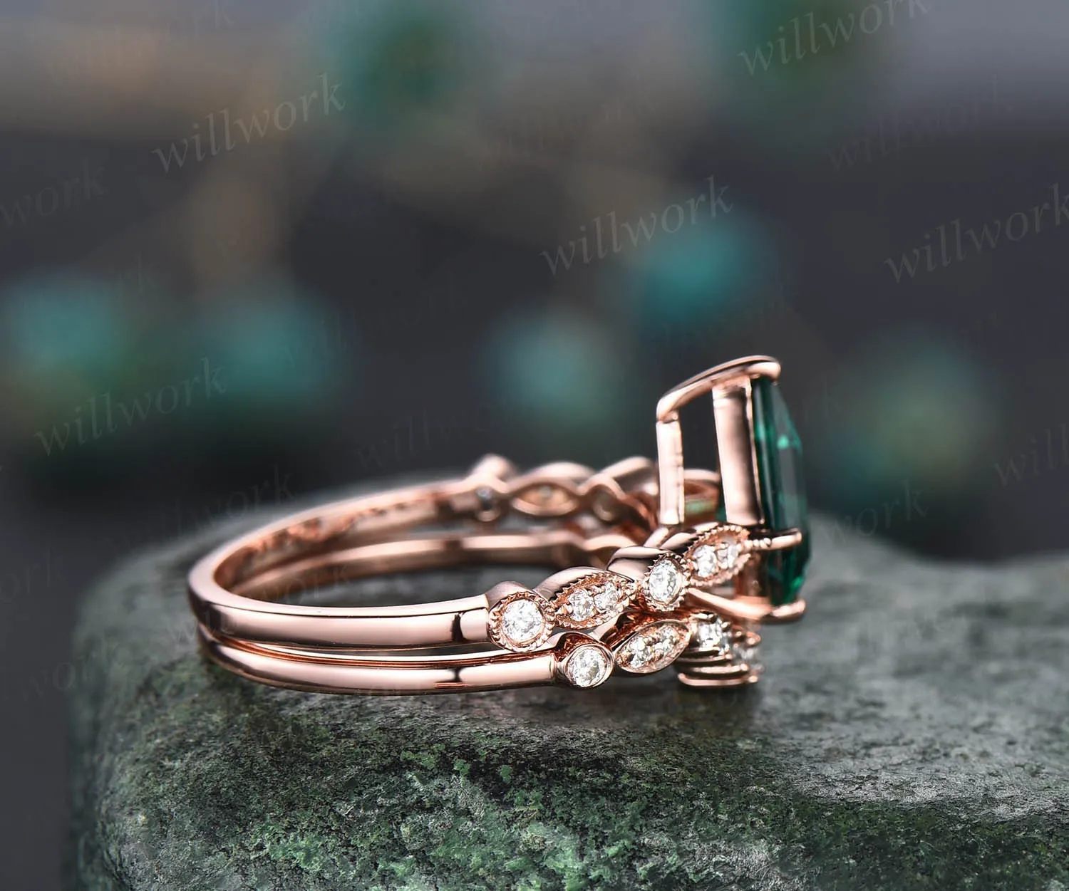 Kite shaped green emerald ring gold silver vintage unique engagement ring set art deco dainty milgrain diamond wedding ring set for women sold by Willwork Jewelry product image thumbnail 4