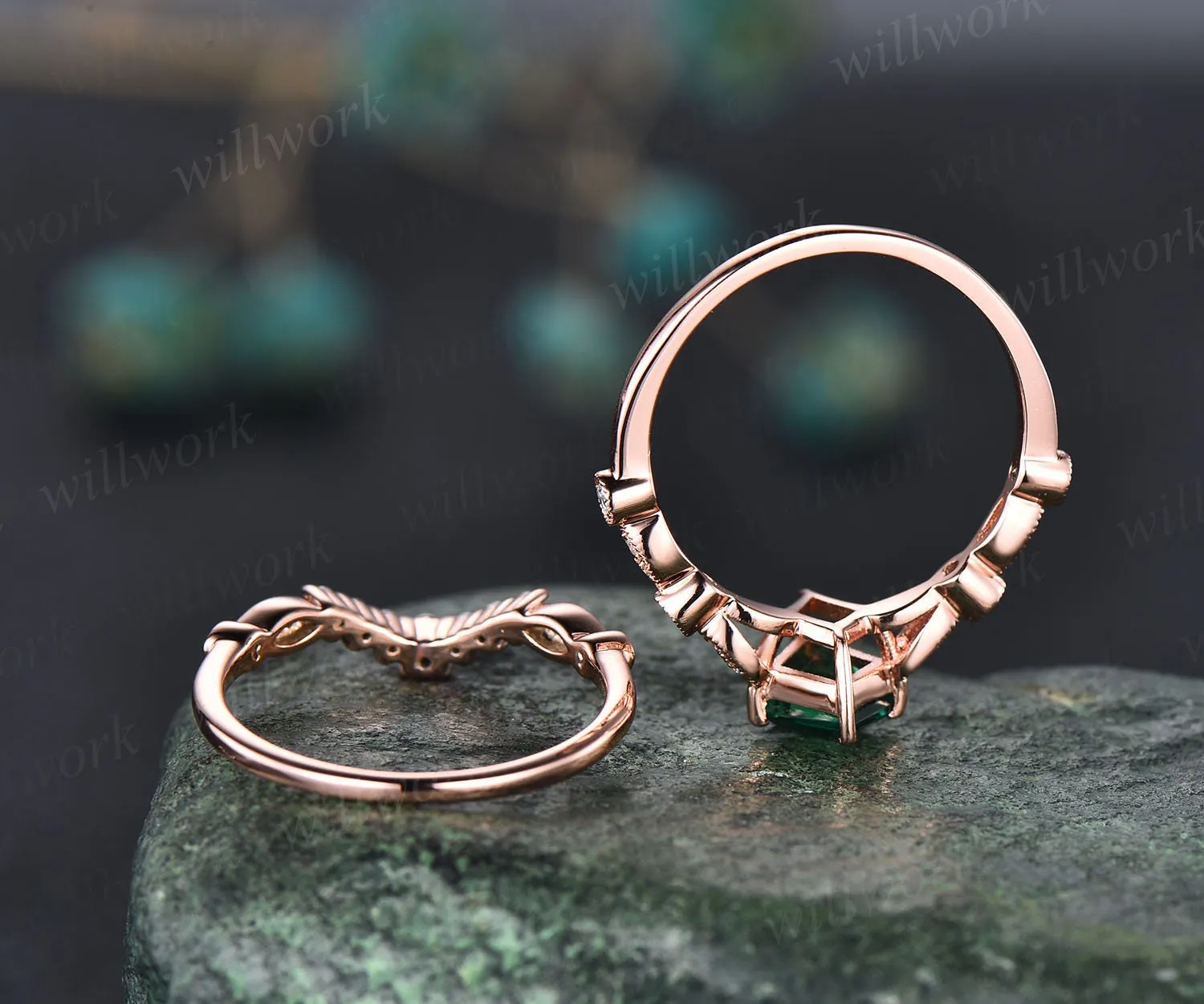 Kite shaped green emerald ring gold silver vintage unique engagement ring set art deco dainty milgrain diamond wedding ring set for women sold by Willwork Jewelry product image thumbnail 5