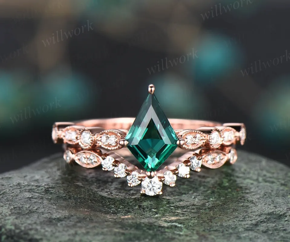 Kite shaped green emerald ring gold silver vintage unique engagement ring set art deco dainty milgrain diamond wedding ring set for women sold by Willwork Jewelry