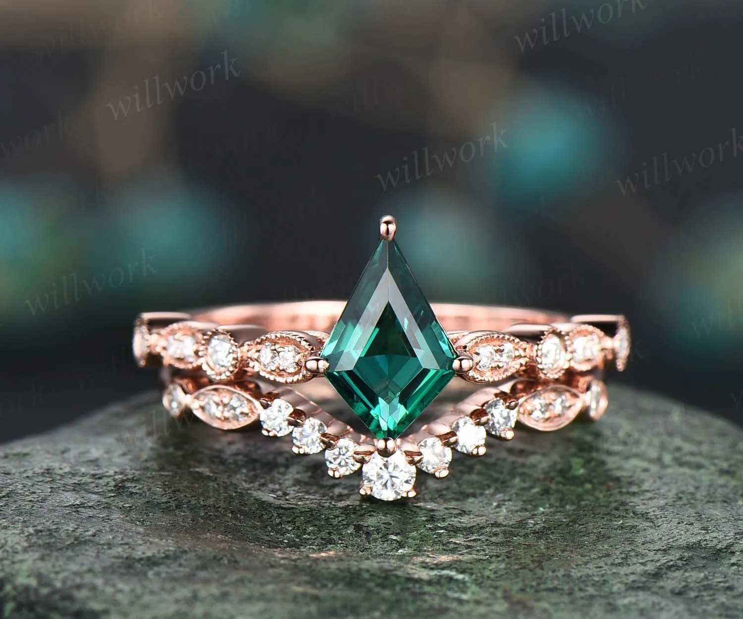 Kite shaped green emerald ring gold silver vintage unique engagement ring set art deco dainty milgrain diamond wedding ring set for women sold by Willwork Jewelry