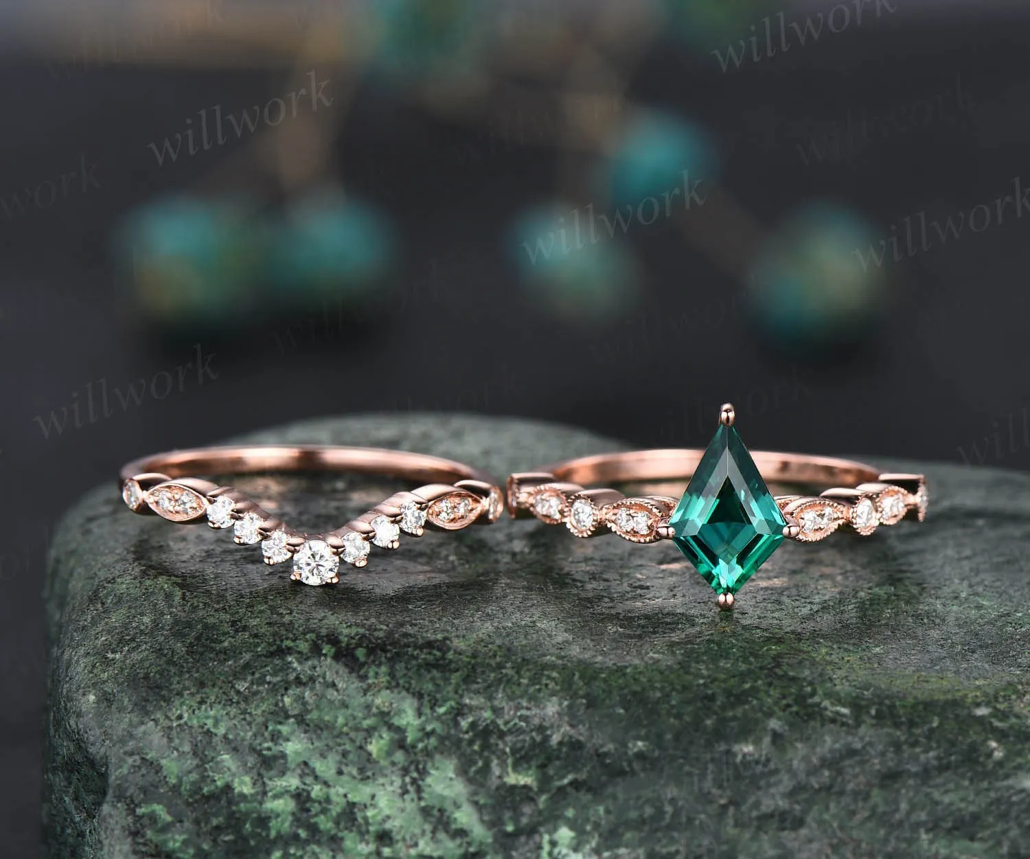 Kite shaped green emerald ring gold silver vintage unique engagement ring set art deco dainty milgrain diamond wedding ring set for women sold by Willwork Jewelry product image thumbnail 2