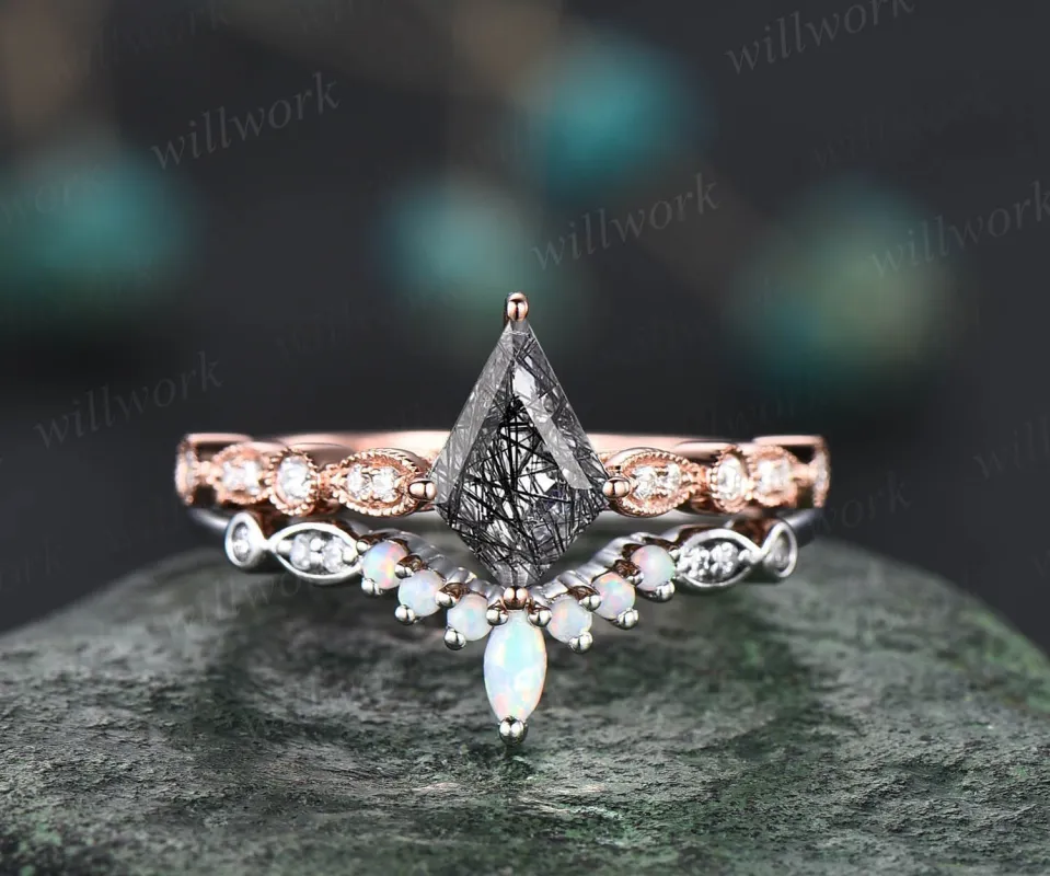 Unique kite cut black rutilated quartz engagement ring set rose gold art deco Milgrain diamond ring vintage opal wedding ring set for women made by Willwork Jewelry