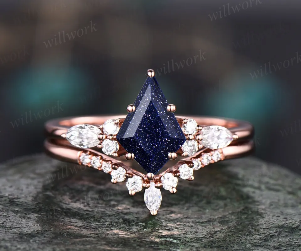 Unique kite cut blue sandstone engagement ring set 14k rose gold ring vintage marquise cut moissanite anniversary wedding ring set for women sold by Willwork Jewelry