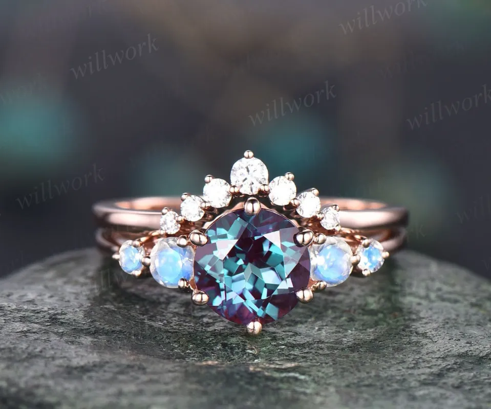 Unique round cut Alexandrite engagement ring set five stone moonstone ring vintage minimalist moissanite bridal wedding ring set for women sold by Willwork Jewelry