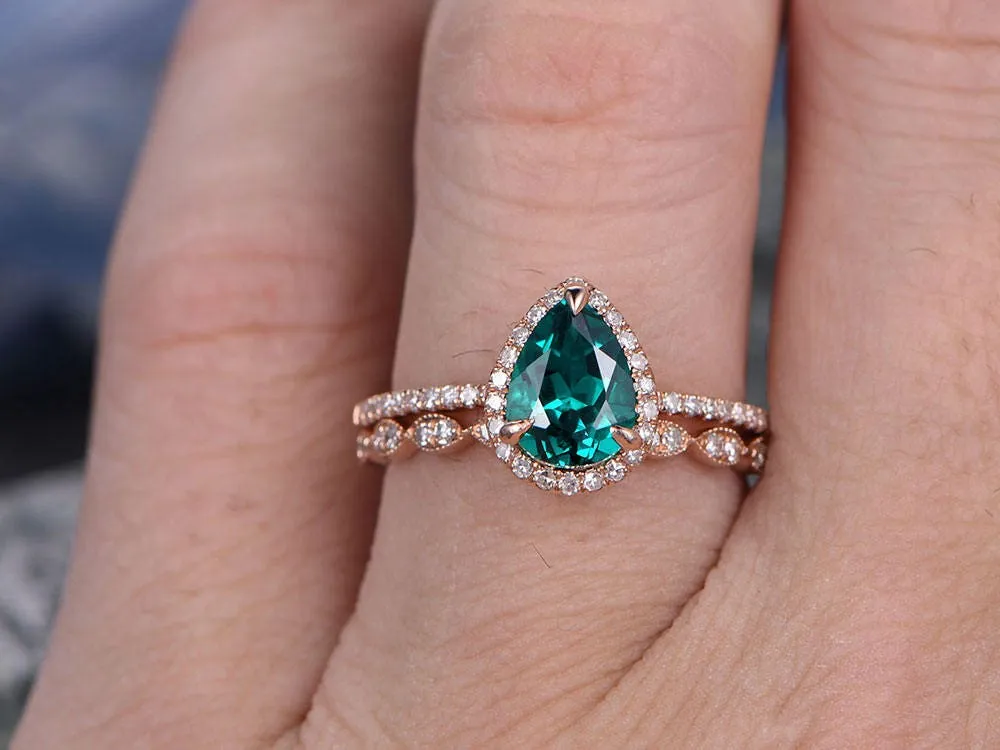 Green emerald engagement ring set rose gold emerald ring vintage diamond halo ring May birthstone ring 2pcs wedding ring set promise ring sold by Willwork Jewelry product image thumbnail 4
