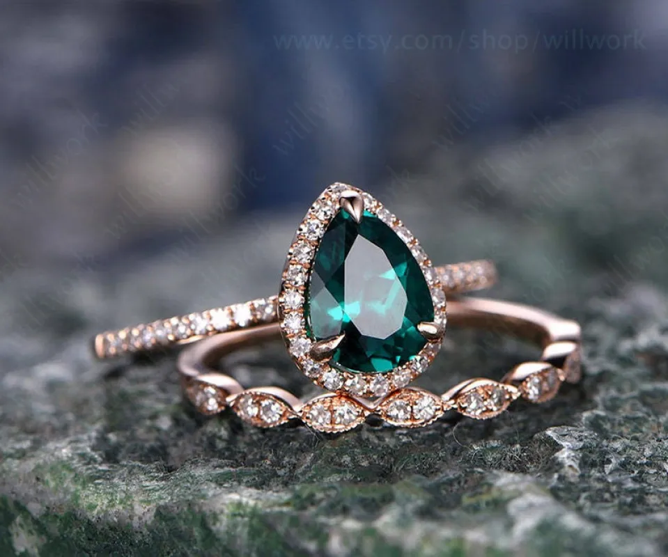 Green emerald engagement ring set rose gold emerald ring vintage diamond halo ring May birthstone ring 2pcs wedding ring set promise ring sold by Willwork Jewelry