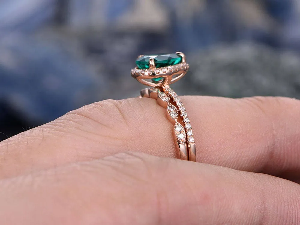Green emerald engagement ring set rose gold emerald ring vintage diamond halo ring May birthstone ring 2pcs wedding ring set promise ring sold by Willwork Jewelry product image thumbnail 5