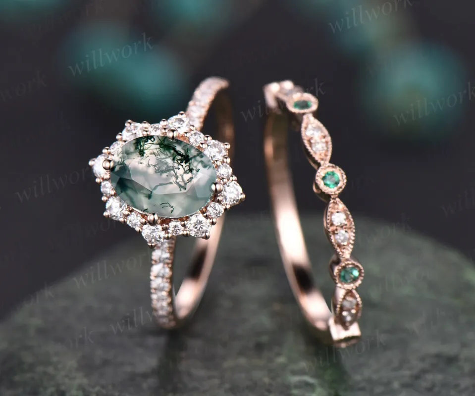 Oval cut moss agate ring gold silver vintage unique green moss agate engagement ring set art deco emerald diamond wedding ring set for women sold by Willwork Jewelry