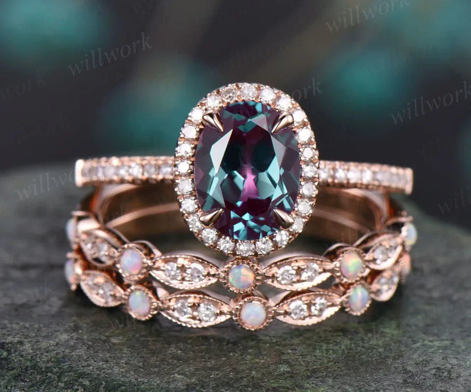 3pcs halo diamond ring oval color change Alexandrite engagement ring rose gold vintage opal ring opal wedding band women bridal ring set sold by Willwork Jewelry