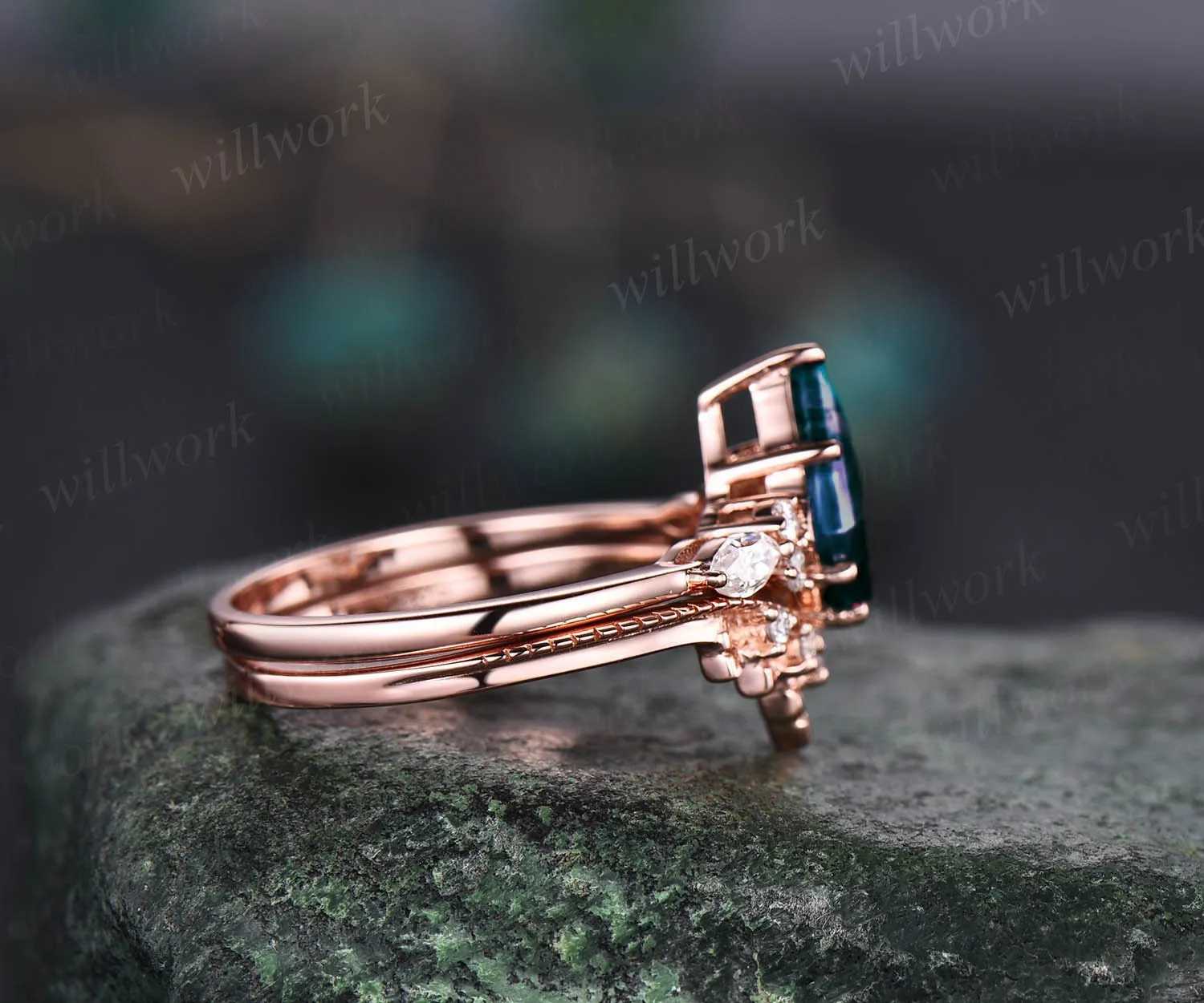 Vintage Alexandrite engagement ring set rose gold kite cut ring art deco moissanite ring for women unique engagement ring wedding ring set sold by Willwork Jewelry product image thumbnail 4
