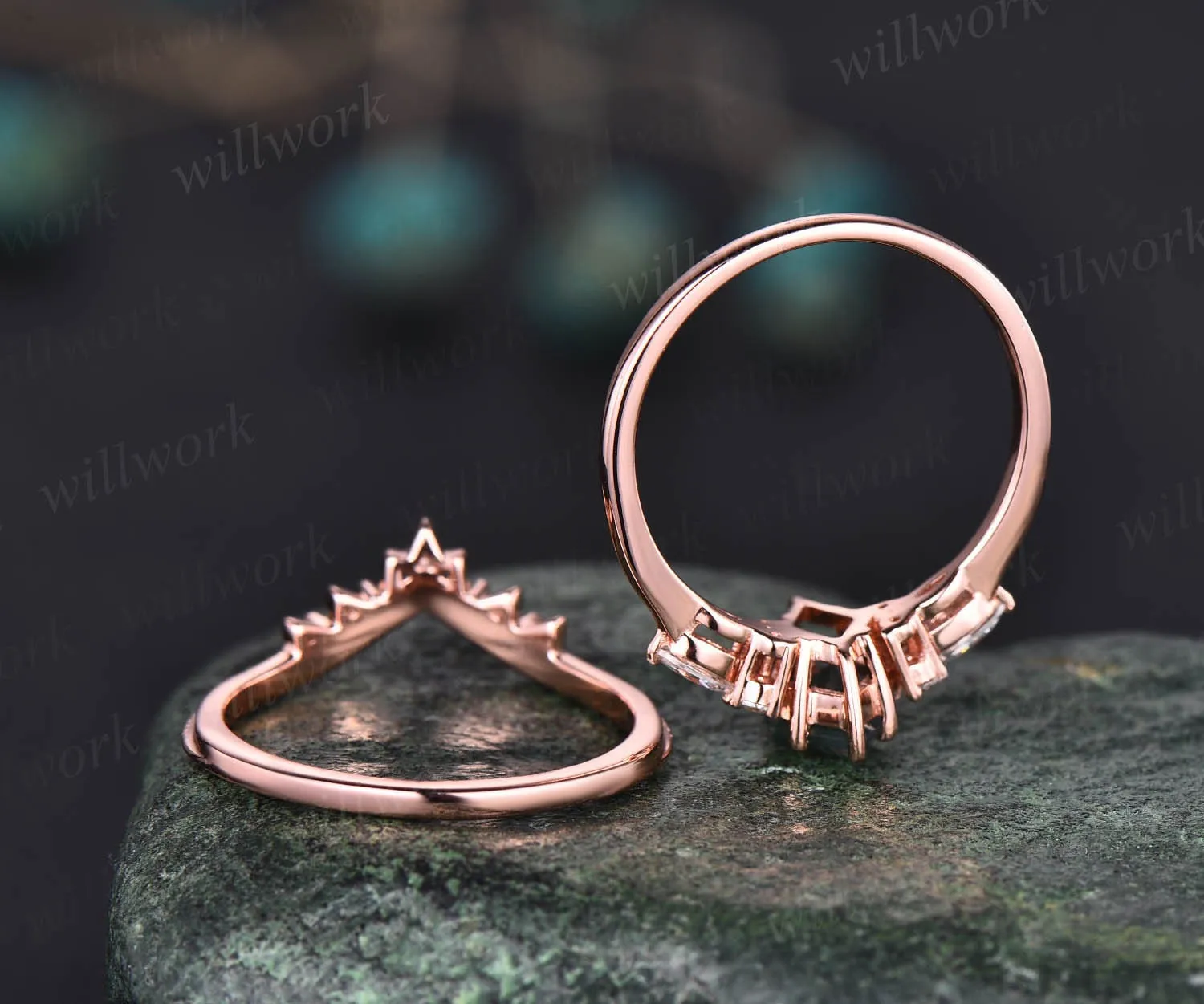 Vintage Alexandrite engagement ring set rose gold kite cut ring art deco moissanite ring for women unique engagement ring wedding ring set sold by Willwork Jewelry product image thumbnail 5