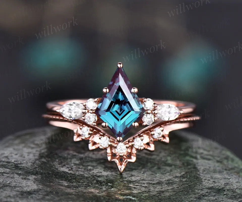 Vintage Alexandrite engagement ring set rose gold kite cut ring art deco moissanite ring for women unique engagement ring wedding ring set sold by Willwork Jewelry