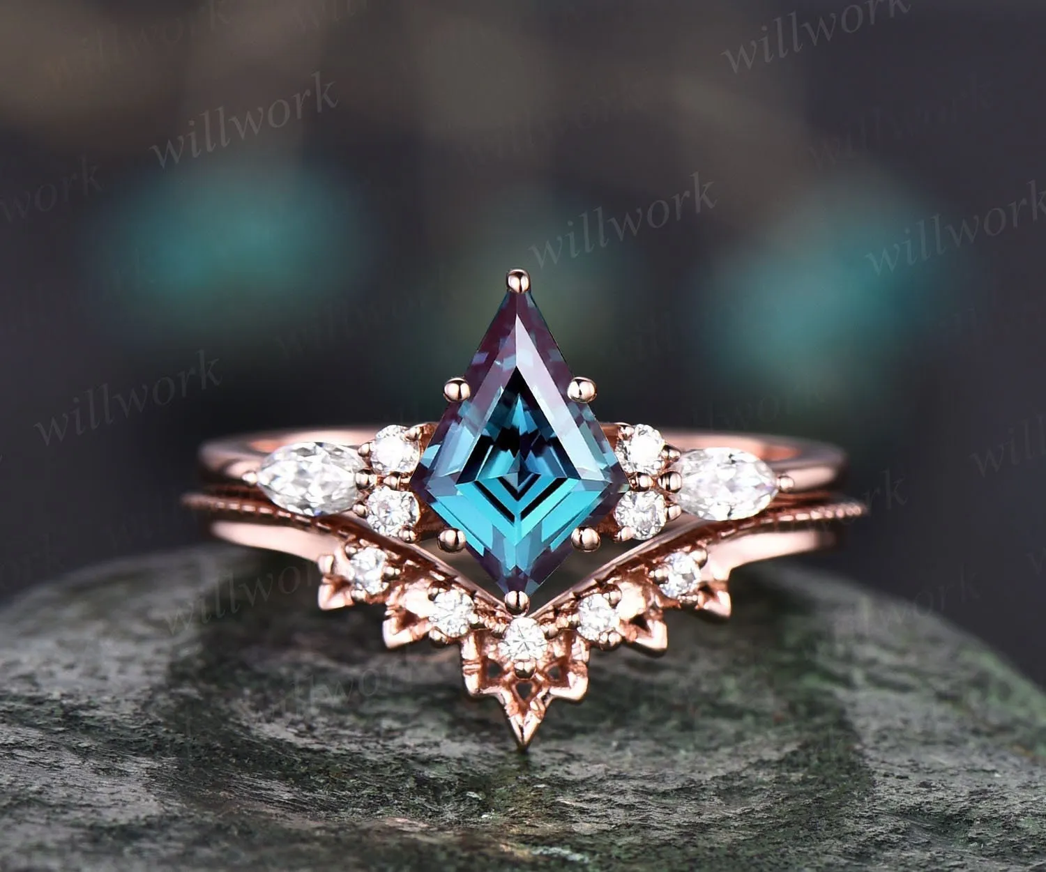 Vintage Alexandrite engagement ring set rose gold kite cut ring art deco moissanite ring for women unique engagement ring wedding ring set sold by Willwork Jewelry