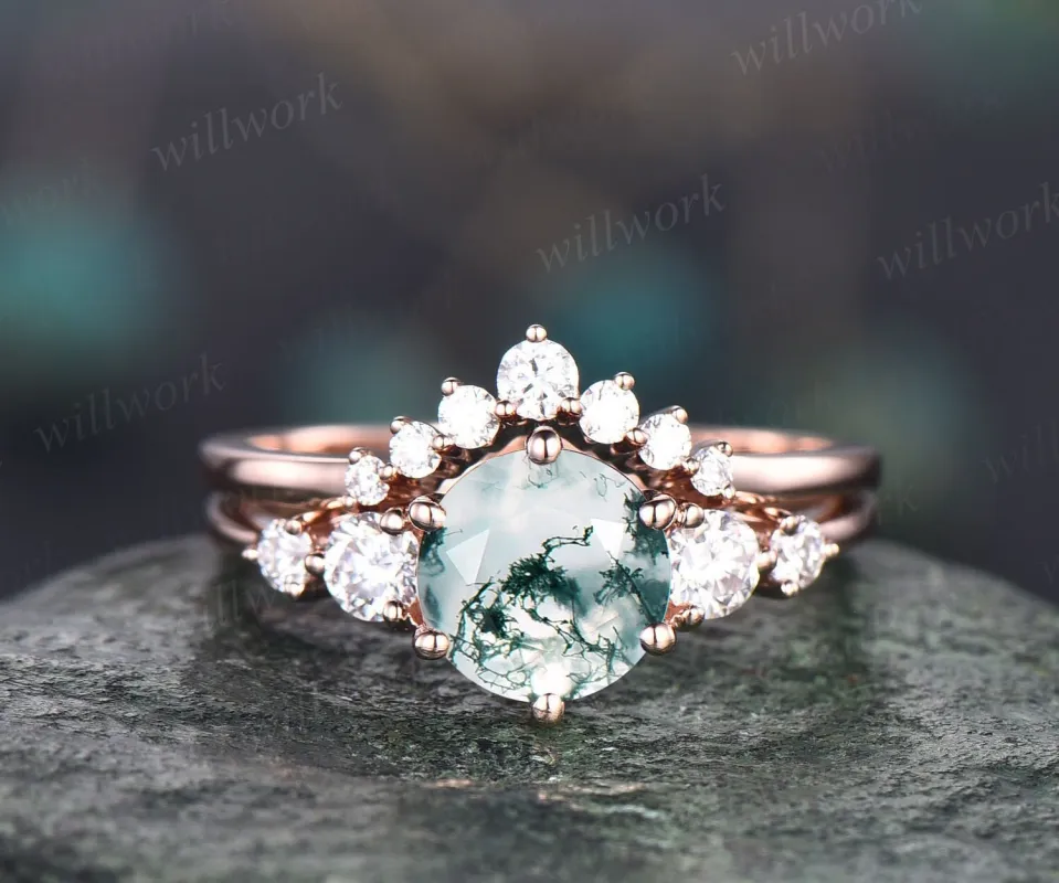 Unique moss agate bridal ring set vintage green moss agate engagement ring set rose gold five stone minimalist moissanite ring set for women sold by Willwork Jewelry