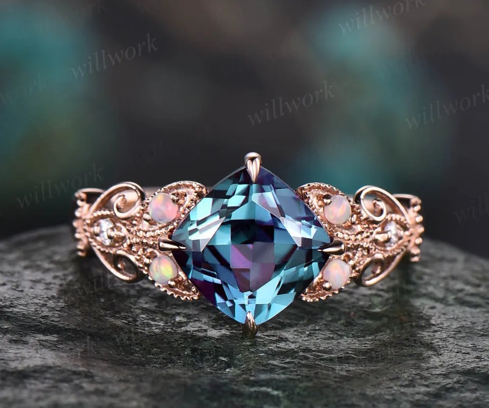 Cushion cut Alexandrite engagement ring 14k rose gold butterfly flower unique vintage engagement ring opal diamond wedding ring for women sold by Willwork Jewelry