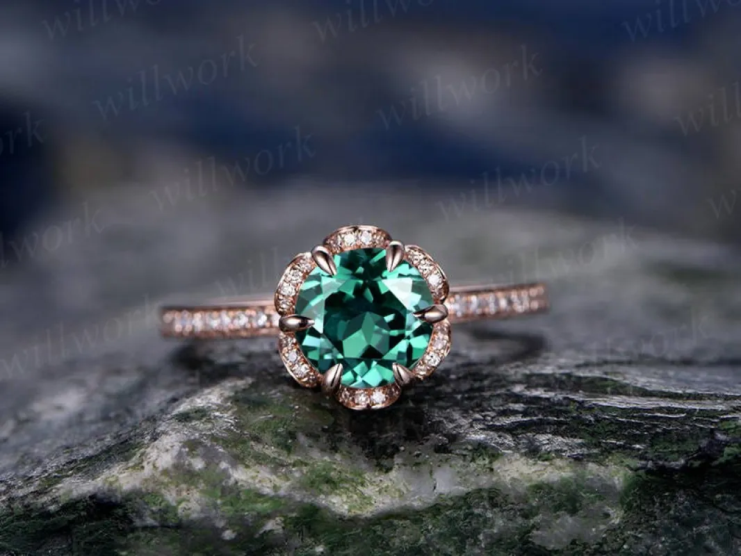 7mm emerald ring vintage emerald engagement ring 14k rose gold ring real diamond halo ring unique antique floral bridal wedding promise ring sold by Willwork Jewelry