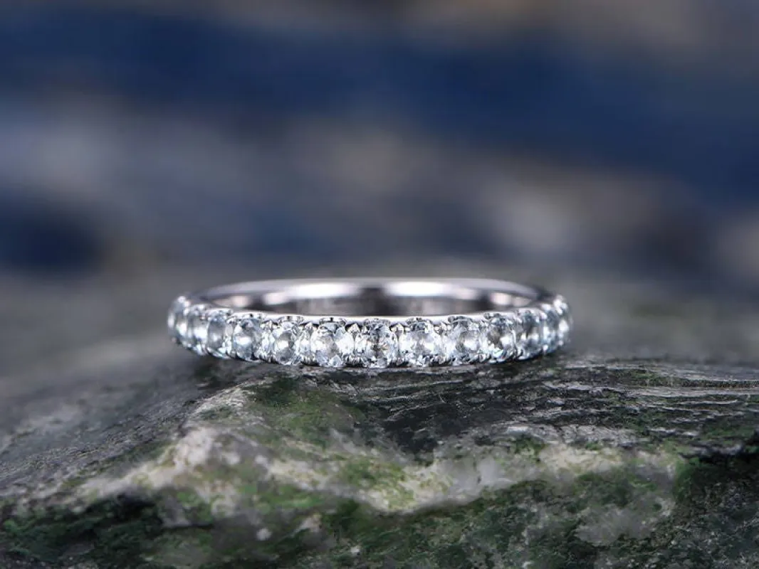 Natural Aquamarine engagement ring-Solid 14k white gold wedding band-half eternity stacking matching band-Round gemstone promise ring sold by Willwork Jewelry