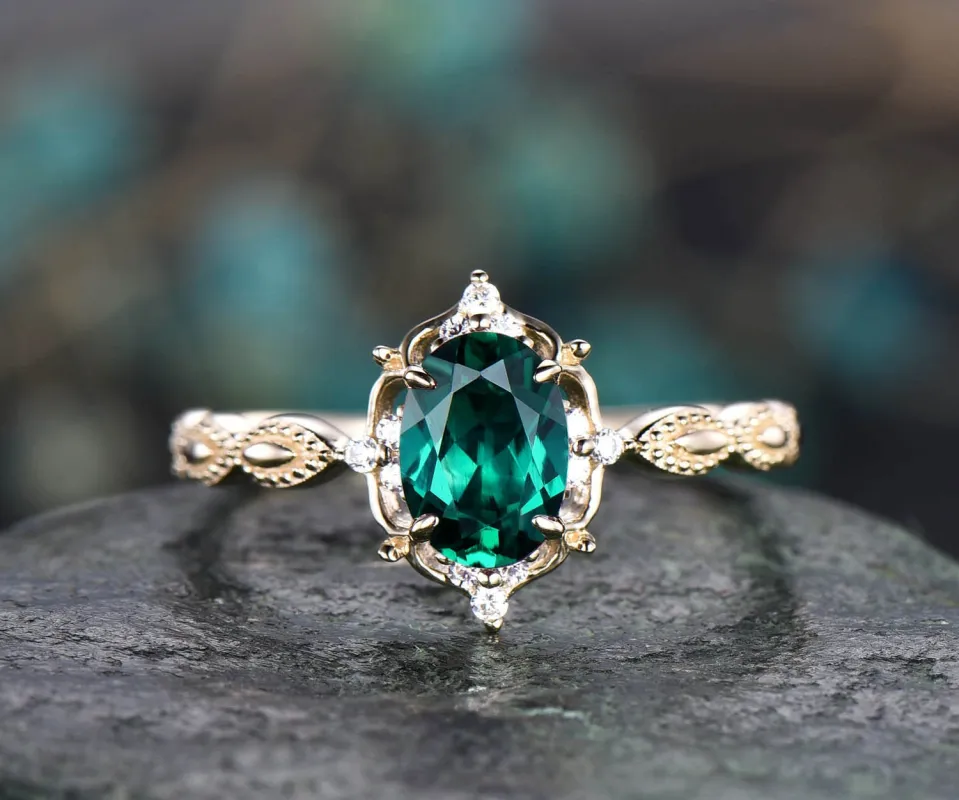 5x7mm oval cut emerald engagement ring yellow gold antique cluster diamond ring wedding promise anniversary ring birthday gift sold by Willwork Jewelry