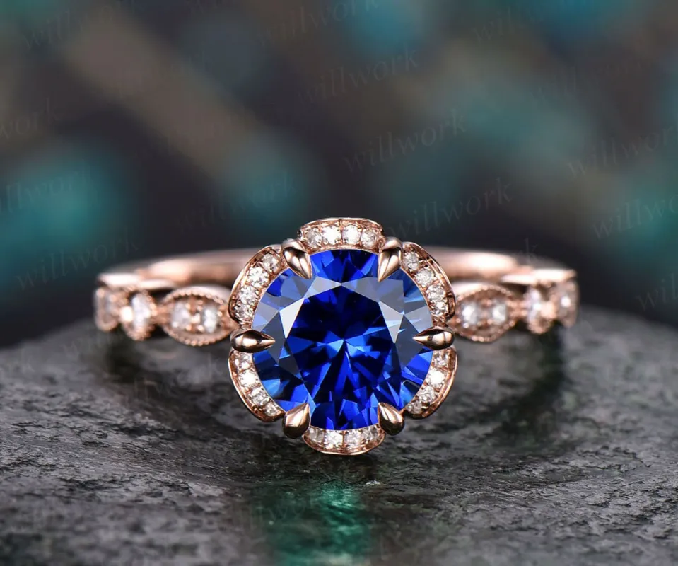 Blue sapphire ring vintage sapphire  engagement ring 14k rose gold for women diamond under halo ring marquise floral wedding ring jewelry sold by Willwork Jewelry