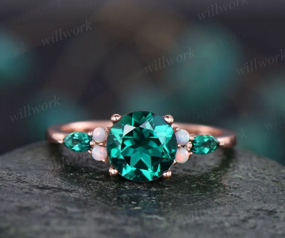 Vintage opal ring marquise emerald rings for women round emerald engagement ring rose gold May birthstone unique ring wedding bridal ring sold by Willwork Jewelry