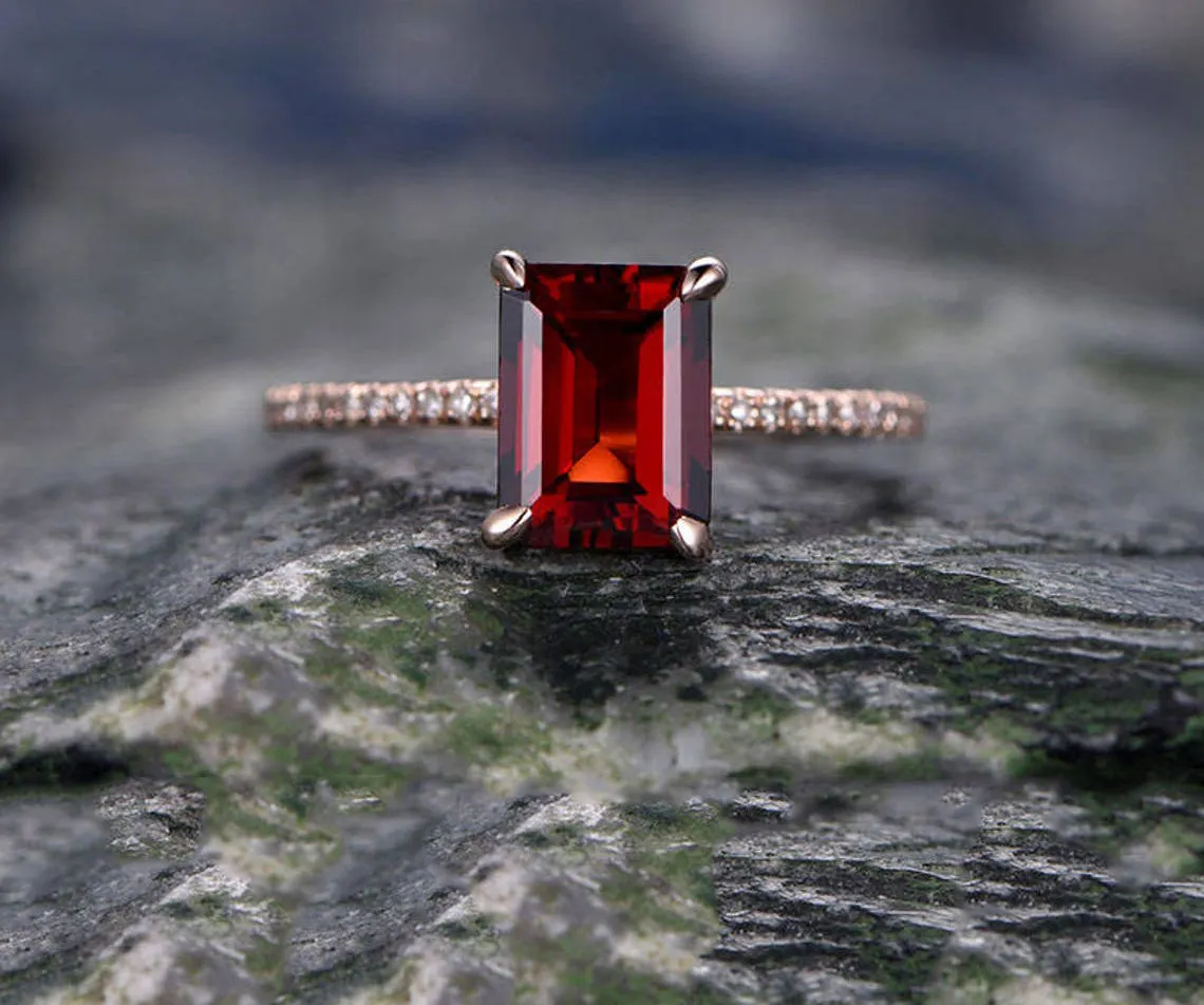 Red Garnet engagement ring-14k Rose gold-handmade real diamond bridal ring-Classic Design-8x6mm Emerald Cut gemstone promise ring-birthstone sold by Willwork Jewelry product image thumbnail 4