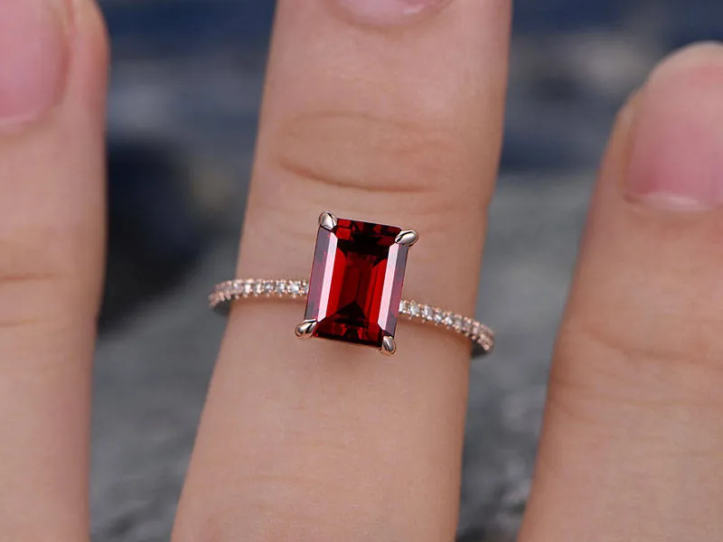 Red Garnet engagement ring-14k Rose gold-handmade real diamond bridal ring-Classic Design-8x6mm Emerald Cut gemstone promise ring-birthstone sold by Willwork Jewelry product image thumbnail 5
